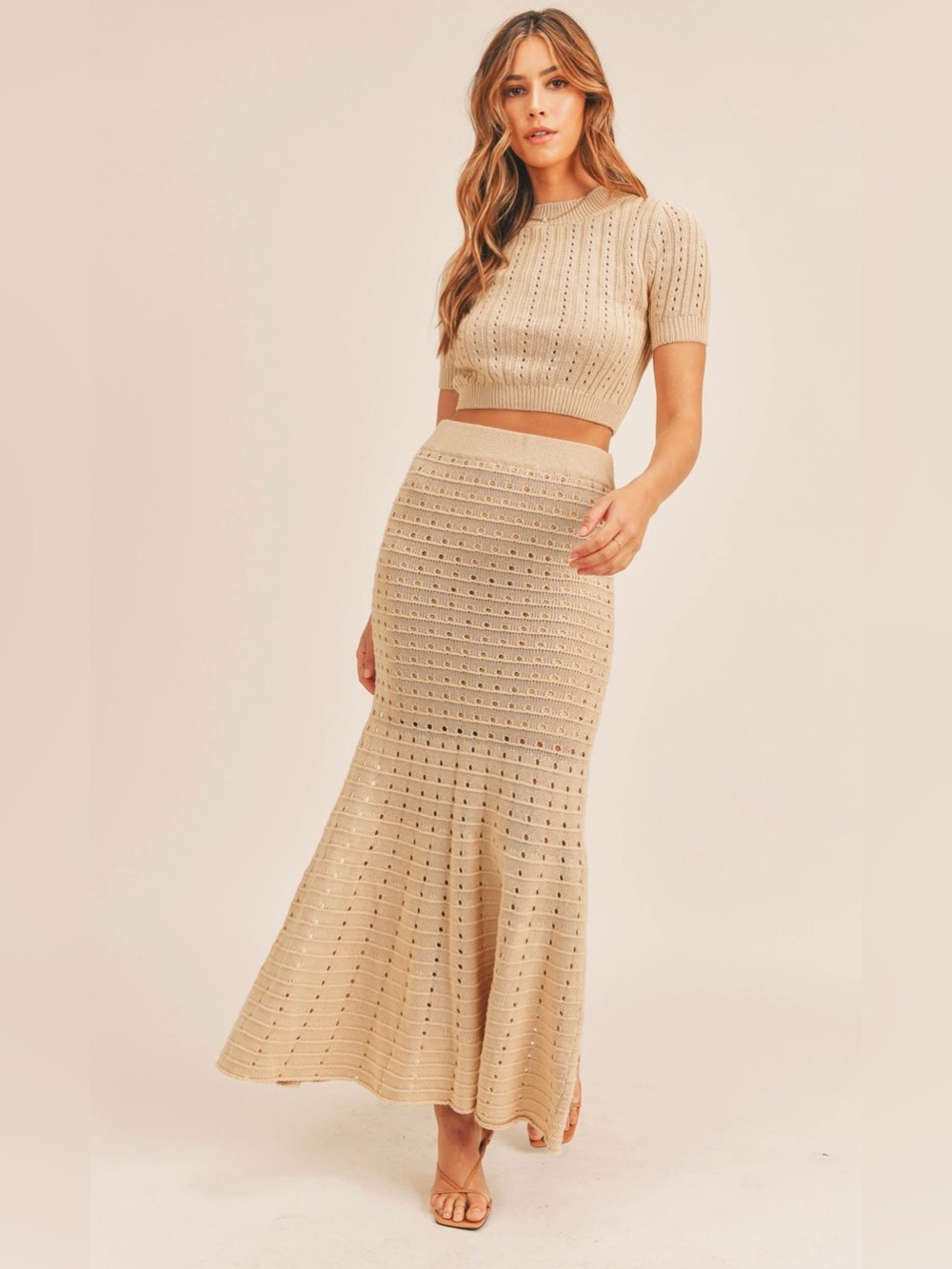 FORE - Cream Crochet Knit Maxi Skirt Two Piece Set - Women’s L